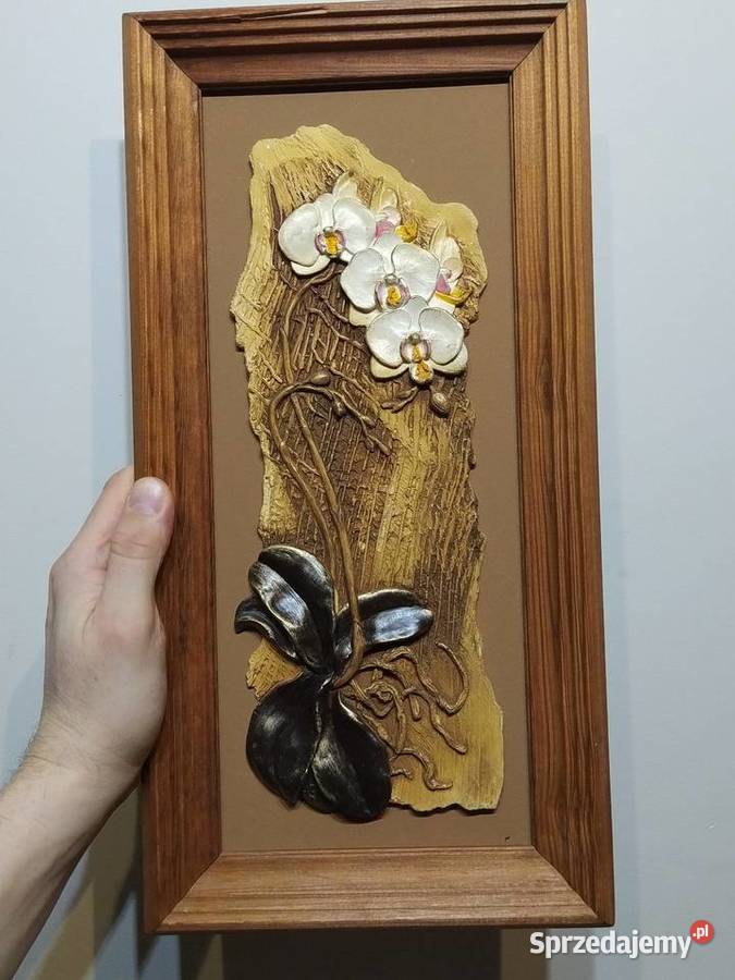 Obrazek obraz gipsowy malowany kwiaty rama Kraków sprzedam