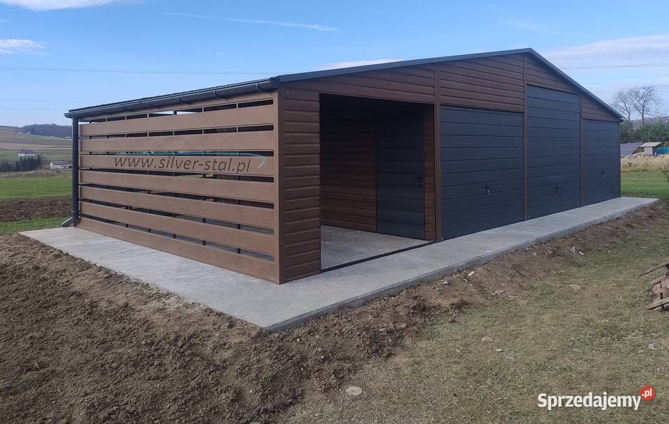 Garaż blaszany 9x6 12x6 z drewutnią ażurową rynna filc