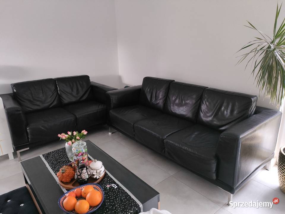 Kanapa sofa 2 sztuki skóra czarna Lubań sprzedam