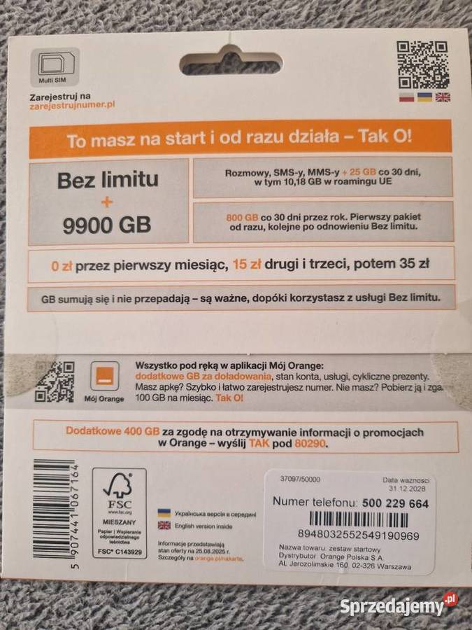 SIM karta nowa łatwy numer Orange