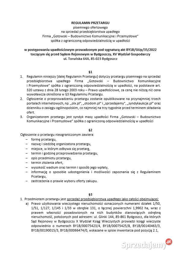 Syndyk sprzeda przedsiębiorstwo Firma GOTOWSKI Bydgoszcz