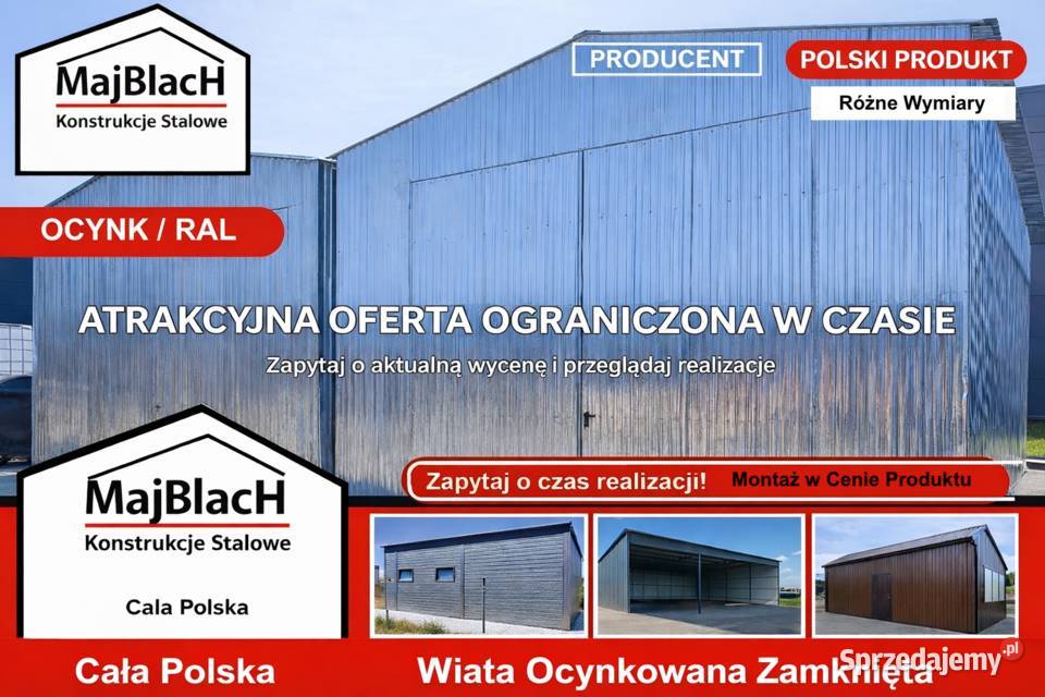 Garaż Blaszany Ocynkowany Wiata Hala Magazyn 250zł/m2 Włoszczowa