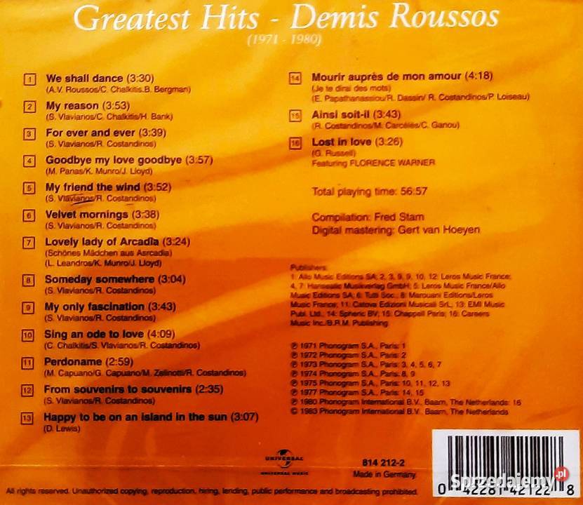 CD Nowa Album CD DEMIS ROUSSOS Greatest Hits Dąbrowa Górnicza