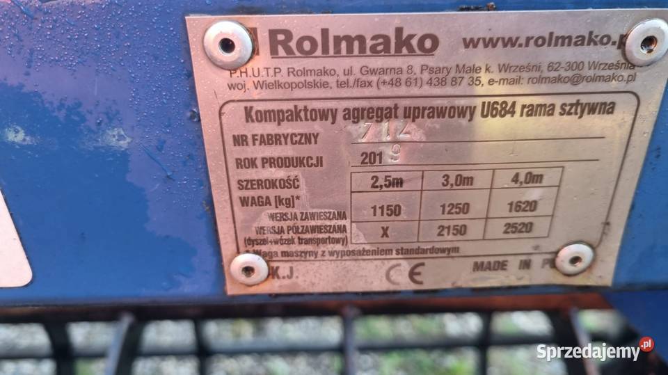 Kompaktowy Agregat Uprawowy Rolmako U 684 Ziębice sprzedam