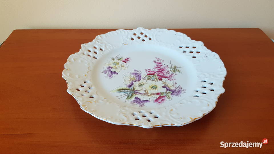 Stary ażurowy porcelanowy talerz talerzyk kwiaty Dąbrowa Górnicza