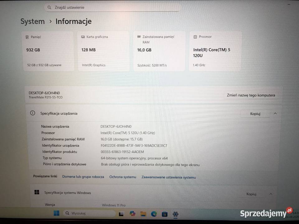 Laptop ACER TravelMate P2 15 156 Core5120U 16GB 16GB Acer sprzedam