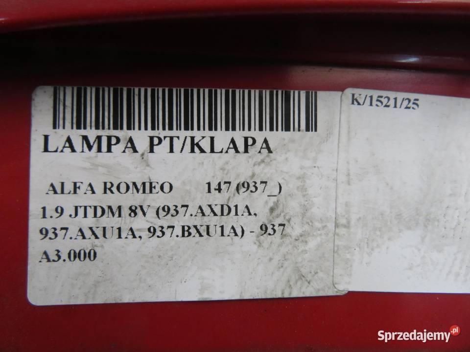 LAMPA PRAWA TYLNA KLAPA ALFA ROMEO 147 60693791