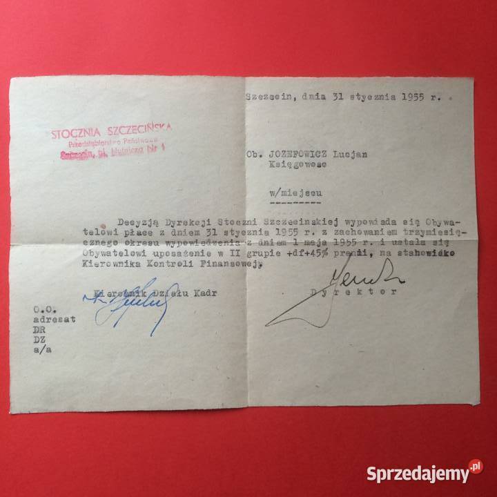 1665 Pismo O Zmianie Uposażenia Józefowicz Szczecin sprzedam