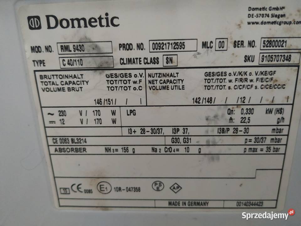 Lodówka DOMETIC RML9430 do przyczepy kampera Prochowice sprzedam