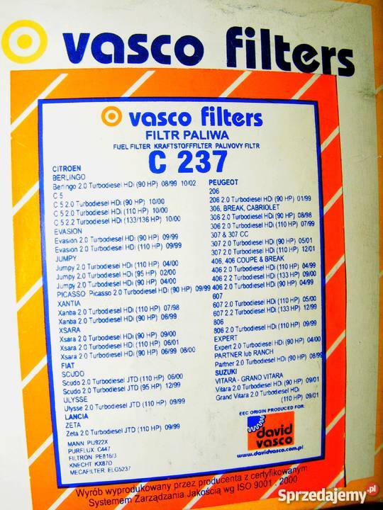 Filtr paliva C237 do Citroen Peugeot Fiat Lancia
