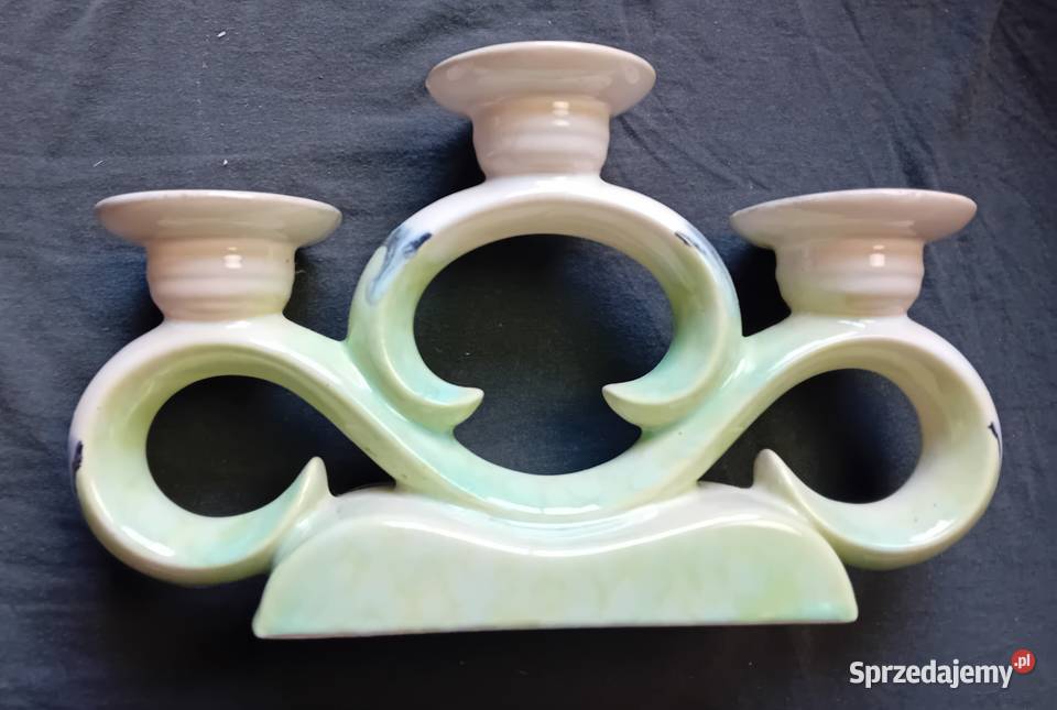 Ceramiczny turkusowy świecznik trójramienny art Koźminek