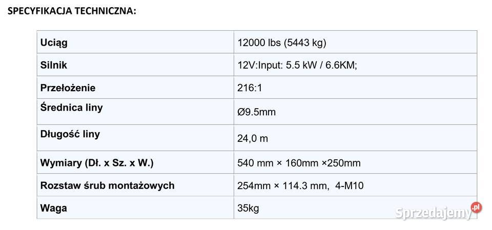 WYCIĄGARKA PRESKO WINCH PEW 12000 55T 12V LAWETA Części zamienne