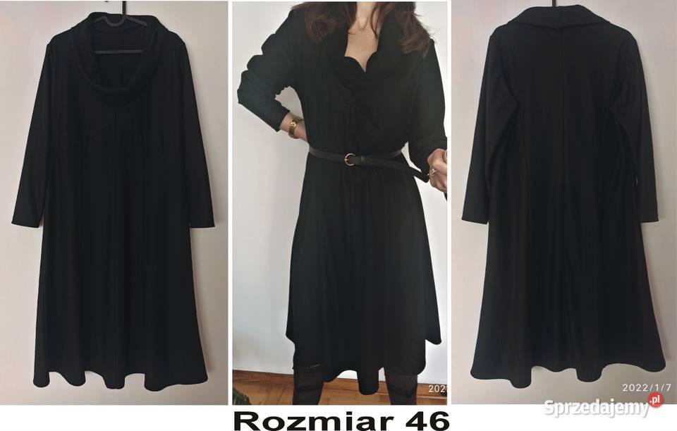 Czarna sukienka z długim rękawem długość midi Rozmiar 46 Radzyń Podlaski sprzedam