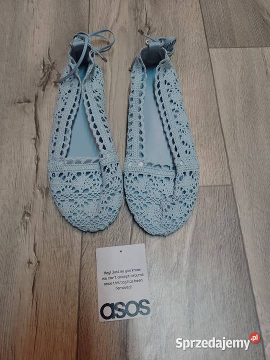 40 ASOS Niebieskie ażurowe baleriny sznurowane z Balerinki Kraków