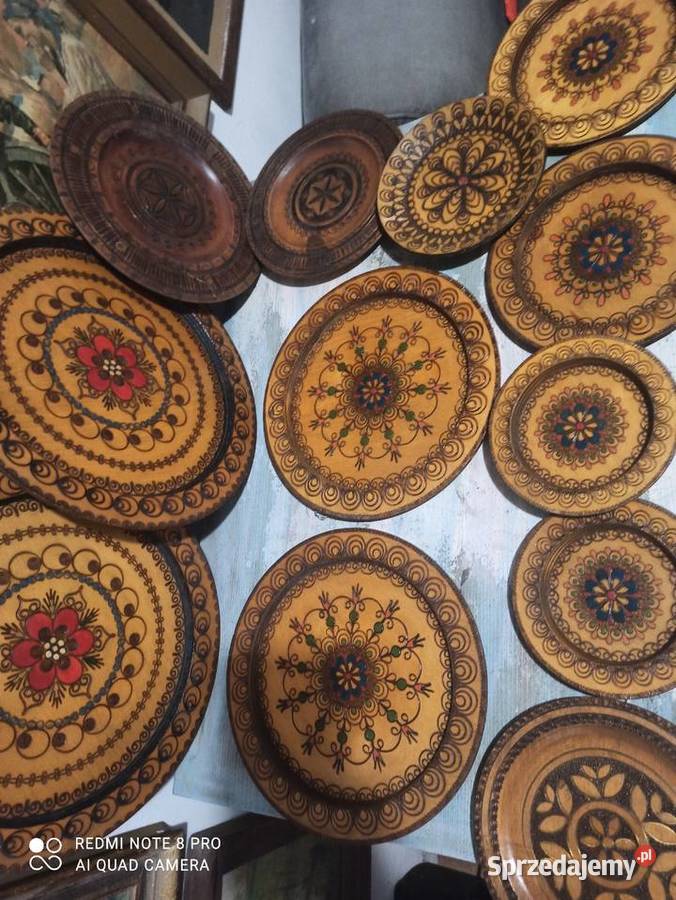 Drewniane talerze ozdobne wiszące kolekcja PRL Pleszew