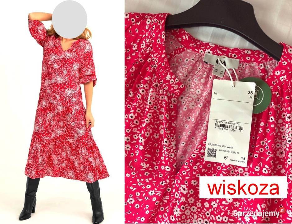 Sukienka czerwona kwiaty CA 36 S wiskoza Nowa z Spódnice i sukienki sprzedam