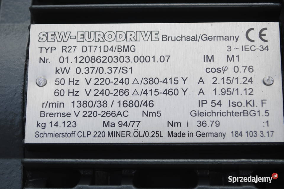 Motoreduktor 037kw 38obrmin z hamulcem Firmy SEW Kargowa