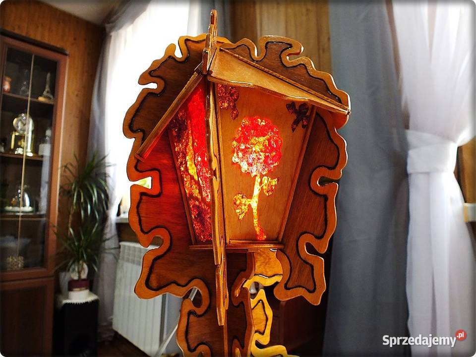 Stara Lampka drewniana śliczne kolorowe witraże Żary