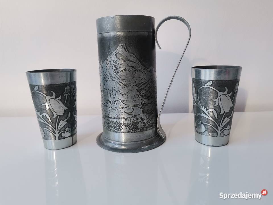 Stary cynowy kufel i 2 kubki Birofilistyka