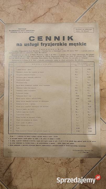 Stary cennik usług fryzjerskich męski 1967 Piekary Śląskie