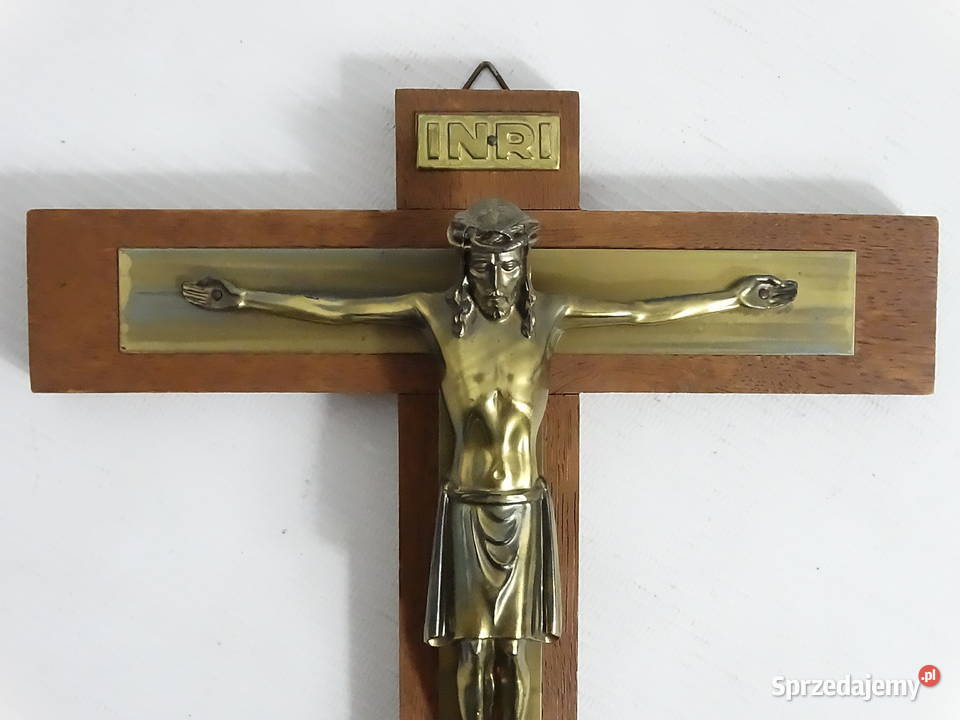 Stary krucyfiks ścienny 25x20 Drewno Mosiądz PRL Biłgoraj