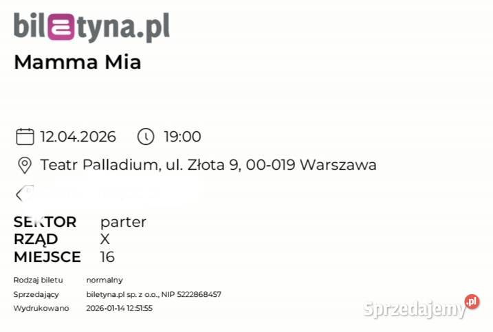 Bilet w Warszawie na Mamma mia sprzedam