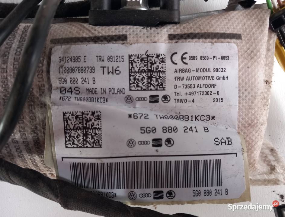 Poduszka Fotela Airbag Volkswagen Golf VII Ostrów Wielkopolski