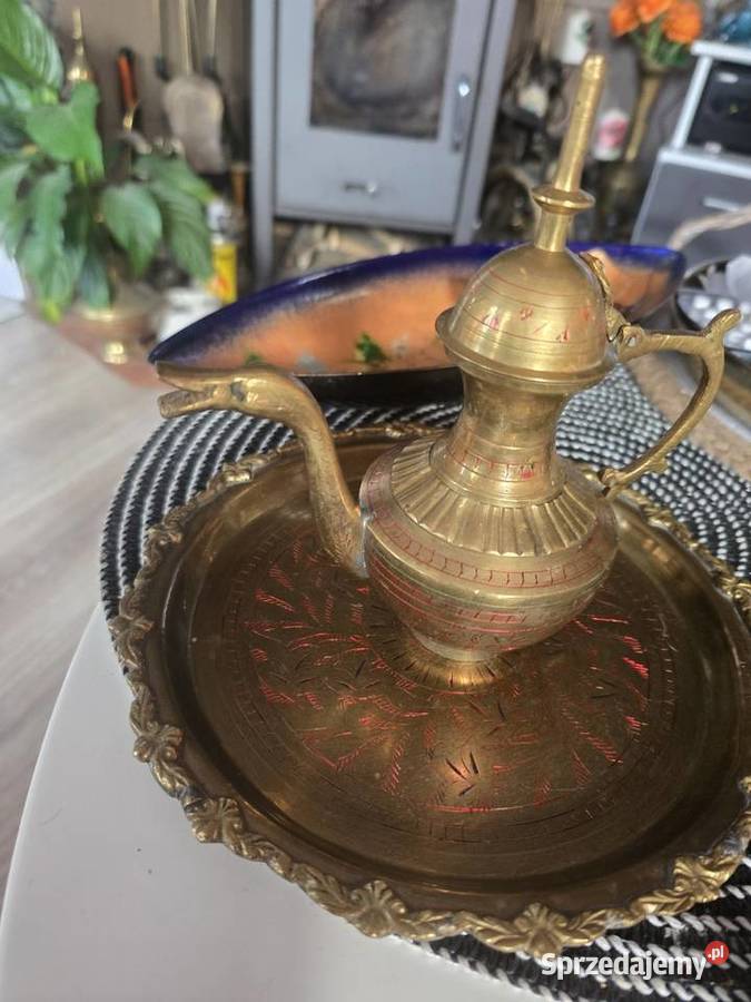 Zestaw z mosiądzu dzbanek kieliszki z taca lubuskie Międzyrzecz