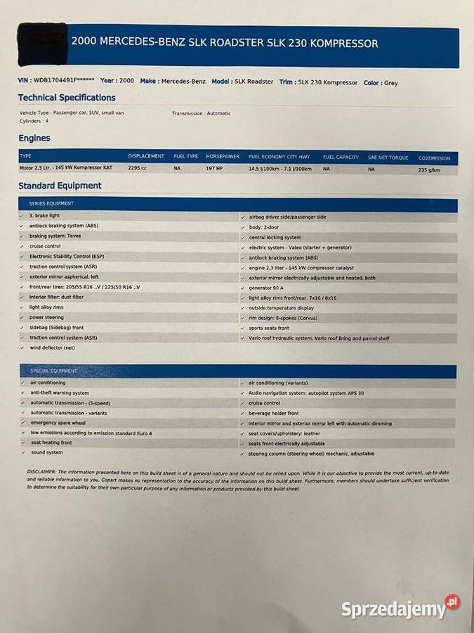 MercedesBenz SLK R170 2000r 23 197 aut audio 2295cm3 Kożuchów