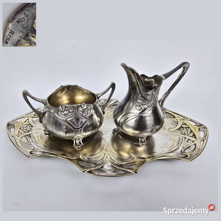 Secesyjny serwis do kawy mlecznik i cukiernica Bronisze