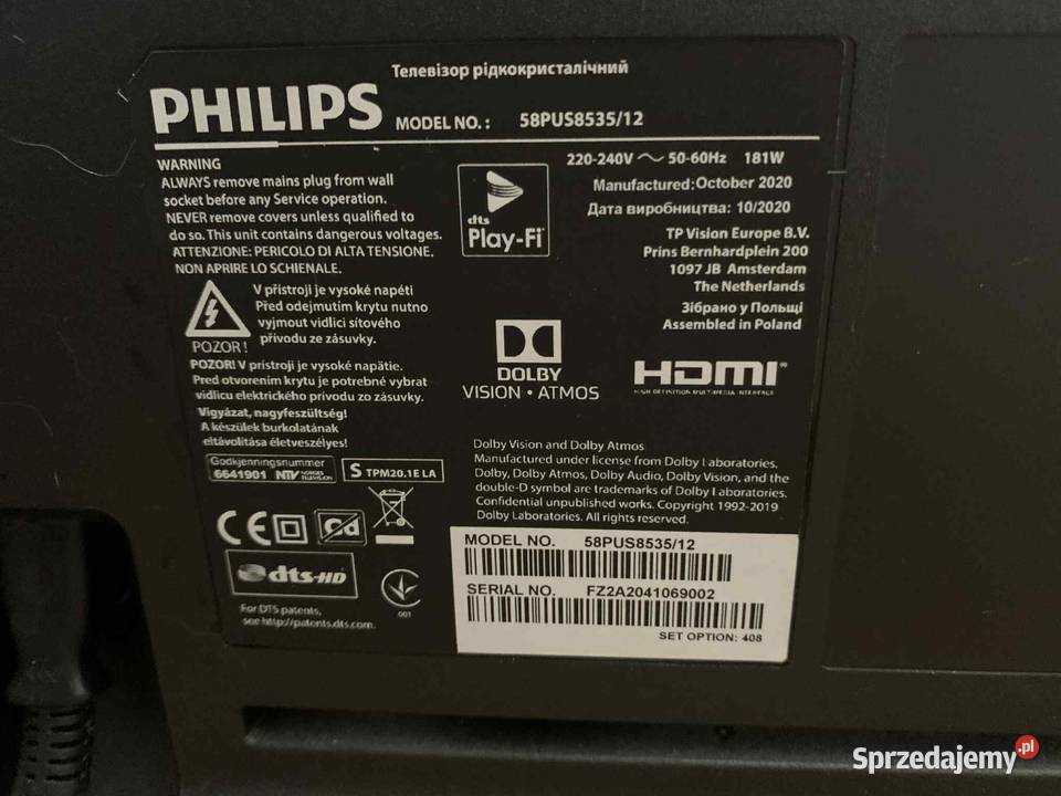 TV Philips 58 58PUS853512 uszkodzony TV i Video Białystok