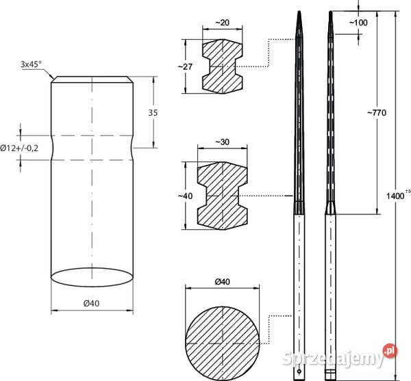 Ząb ładowacza prosty profil podwójne T 40x1400 Kamionna