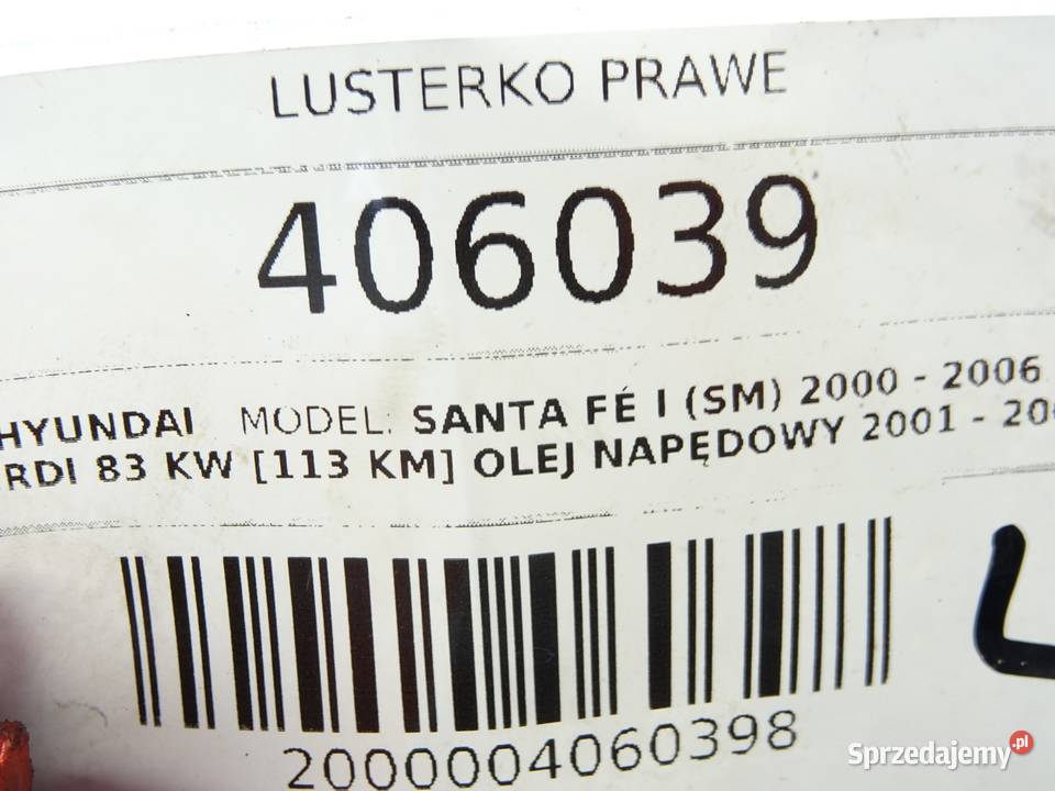 LUSTERKO PRAWE HYUNDAI SANTE FE I Minivan 0006 osobowe podkarpackie
