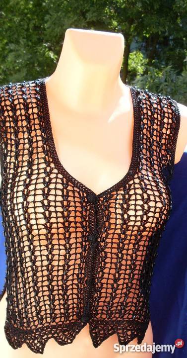 AŻUROWA KAMIZELKA CZARNA Z CZARNYMI KORALIKAMI Łódź