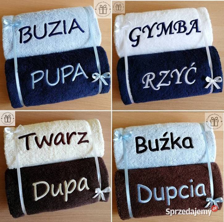 Śmieszny ręcznik prezent z napisem haftem Buzia Toruń