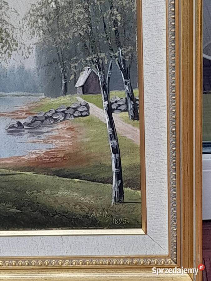 1895 AFH Pejzaż z brzozami złota rama cenny Iłża
