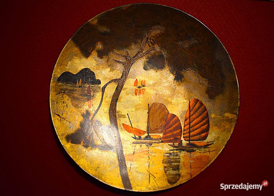 Ozdobna duża patera z laki z lat 50 60 tych Chełmno