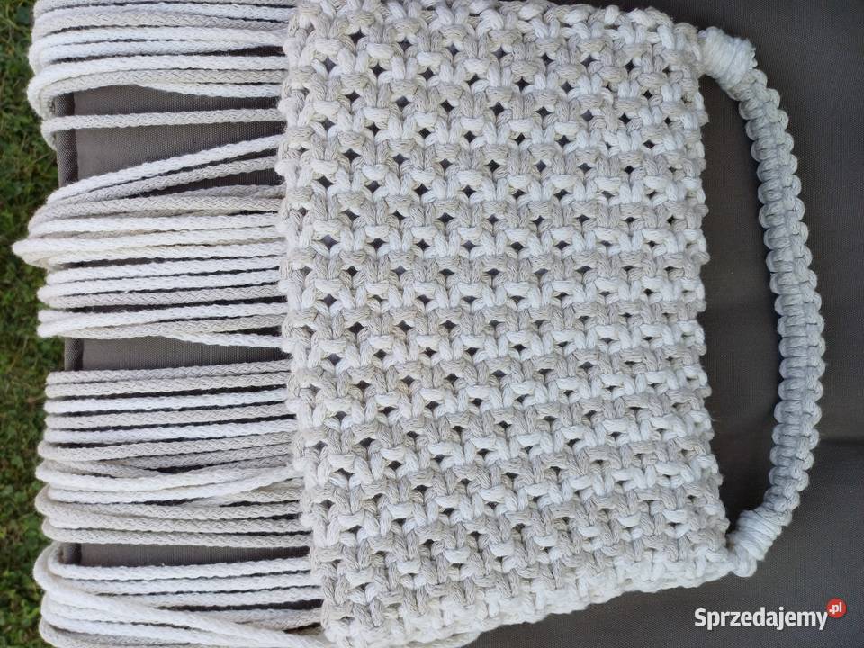 Torebka białobeżowa ze sznurka mała do ręki 25cm Kraków