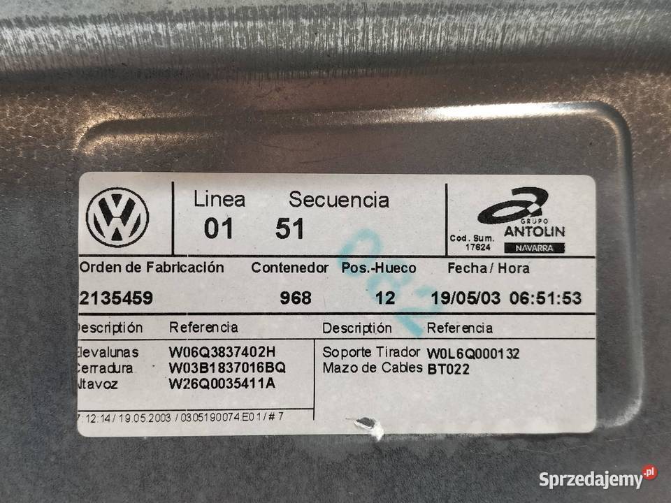 MECHANIZM SZYBY PRAWY PRZÓD 3D 6Q2959801A VW