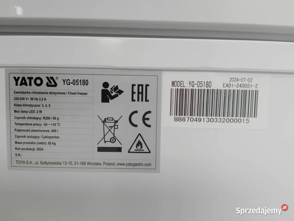 YATO ZAMRAŻARKA SKRZYNIOWA 488L YG05180
