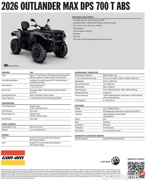 CanAm Outlander DPS 700 T ABS 2026 1WTL T3b quad Motoryzacja małopolskie Nowy Sącz