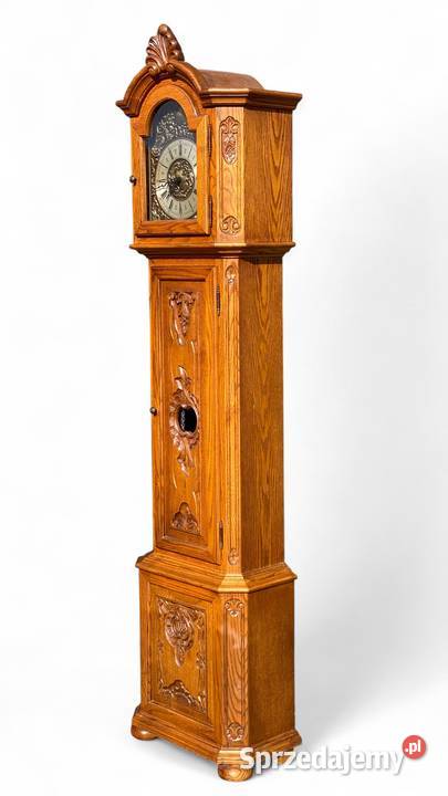 Zegar kwadransowy stojący w rzeźbionej dębowej