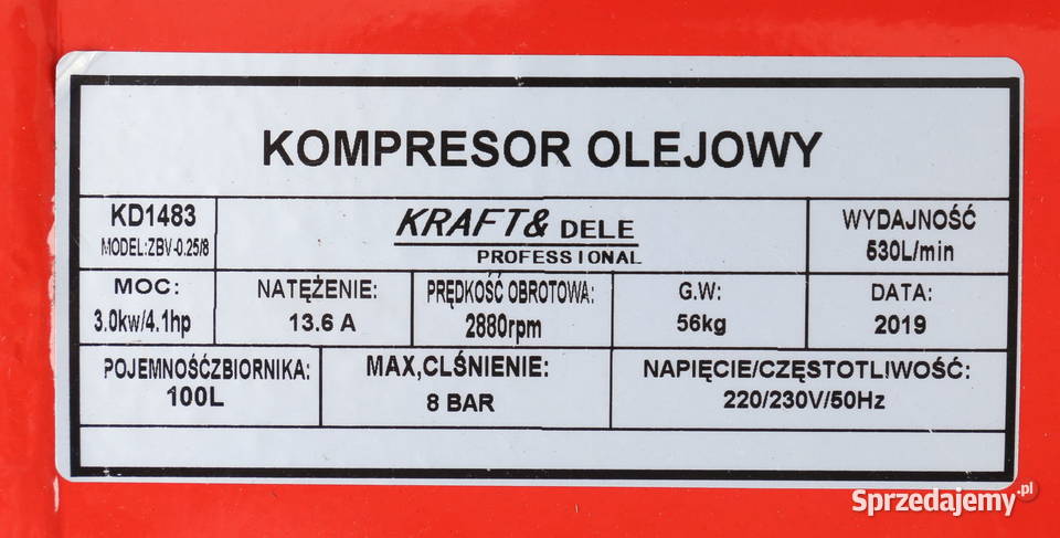 KOMPRESOR OLEJOWY SPRĘŻARKA 100L KD1483 Siedlce