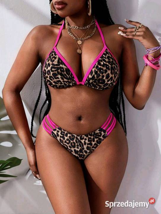 Bikini strój kąpielowy panterka neon róż paski Kłodzko