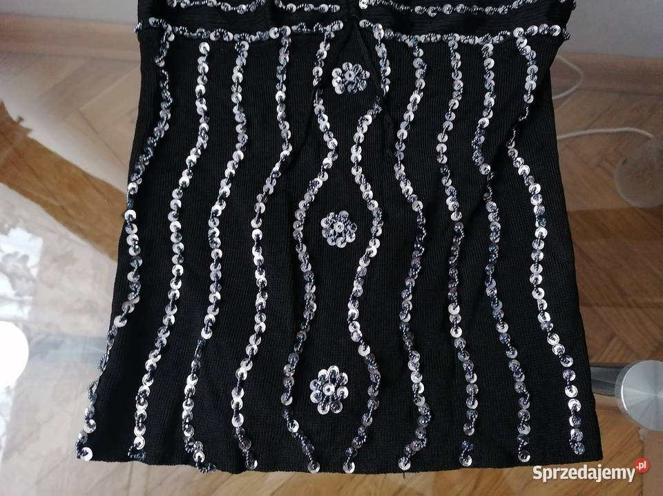 NOWY ELEGANCKI CZARNY TOP DEKOLT CEKINY Topy i koszulki Łódź