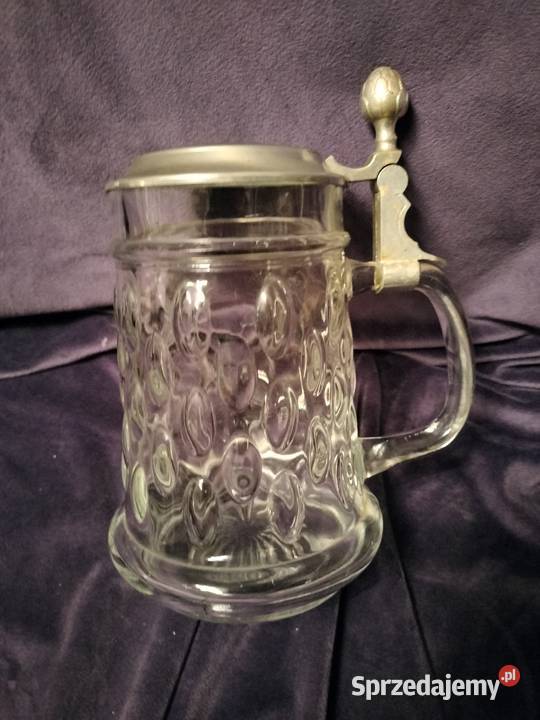 Duży kufel szklany z cynową klapą Choszczno sprzedam