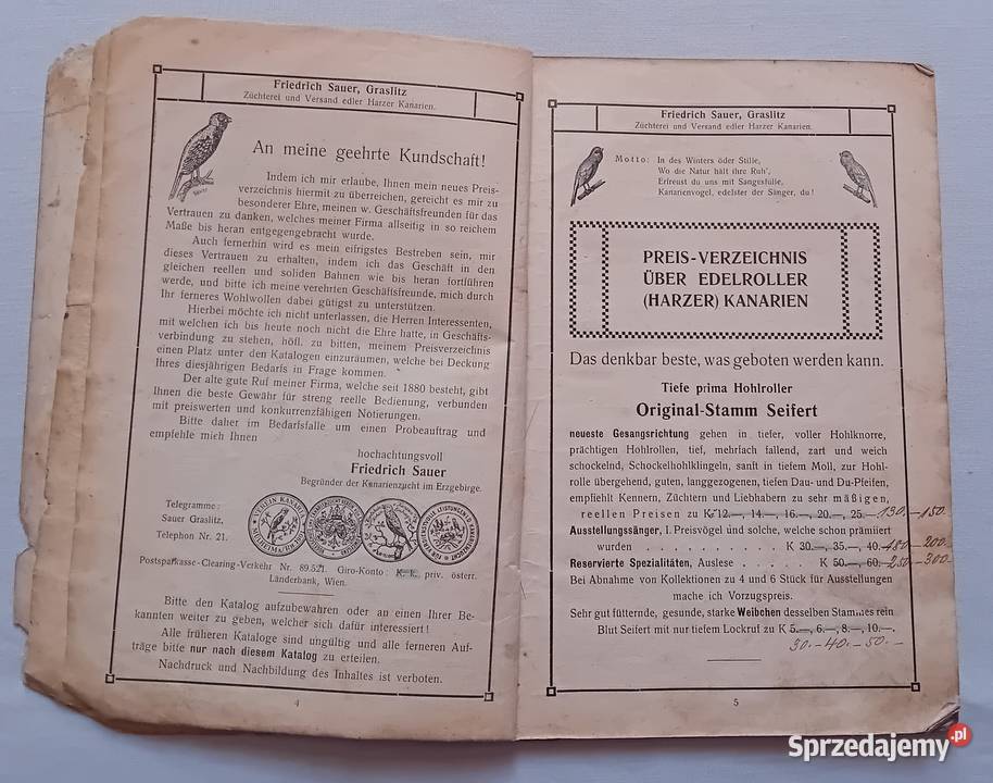 Katalog sprzedażowy kanarków harceńskich karmy Koźminek