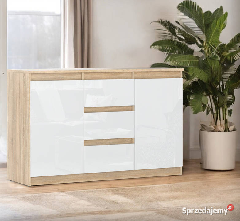 Komoda Biała Połysk Drewniana 3 Szuflady