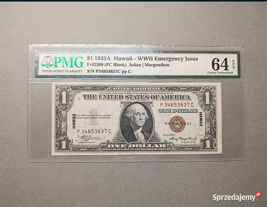 1 Dolar 1935 r HAWAII PMG 64 EPQ DWA NUMERY Antyki, Sztuka, Kolekcje warmińsko-mazurskie