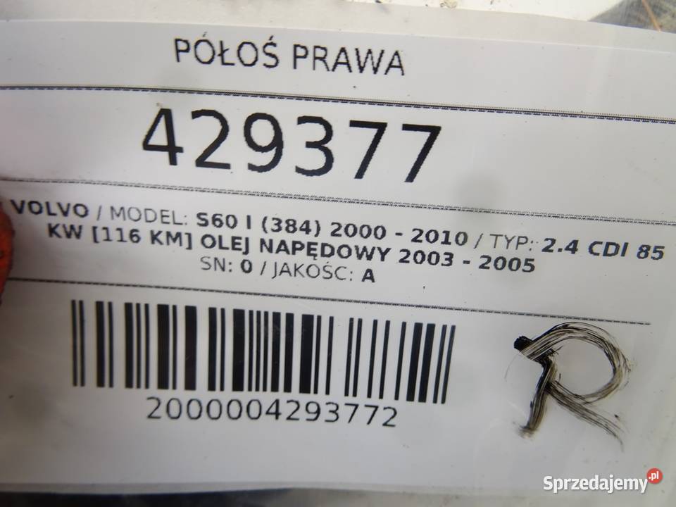 PÓŁOŚ PRAWA VOLVO S60 I 8689214 24 116 0010 podkarpackie